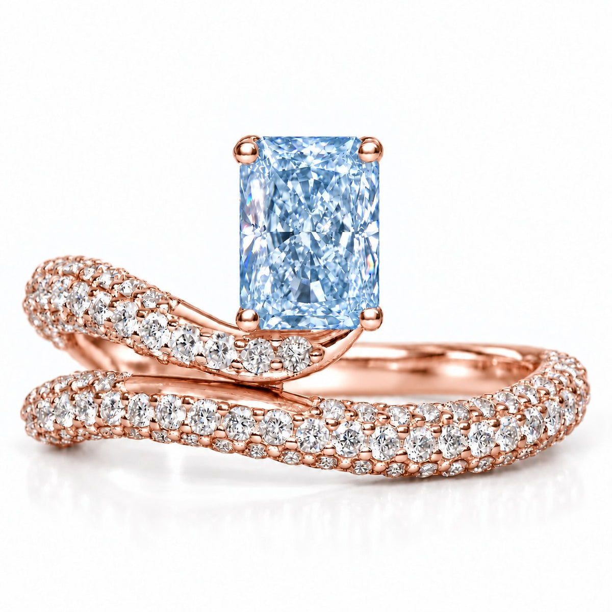 Blue Radiant Cut Lab Grown Diamond Engagement Ring - Pave Wrap Bypass in rose gold, front view