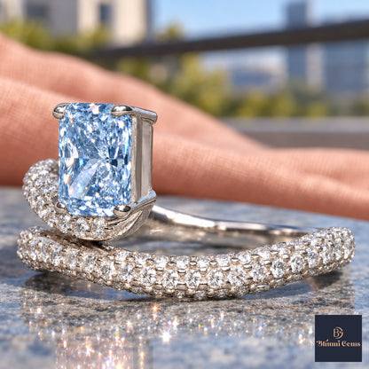Blue Radiant Cut Lab Grown Diamond Engagement Ring - Pave Wrap Bypass in white gold, close-up