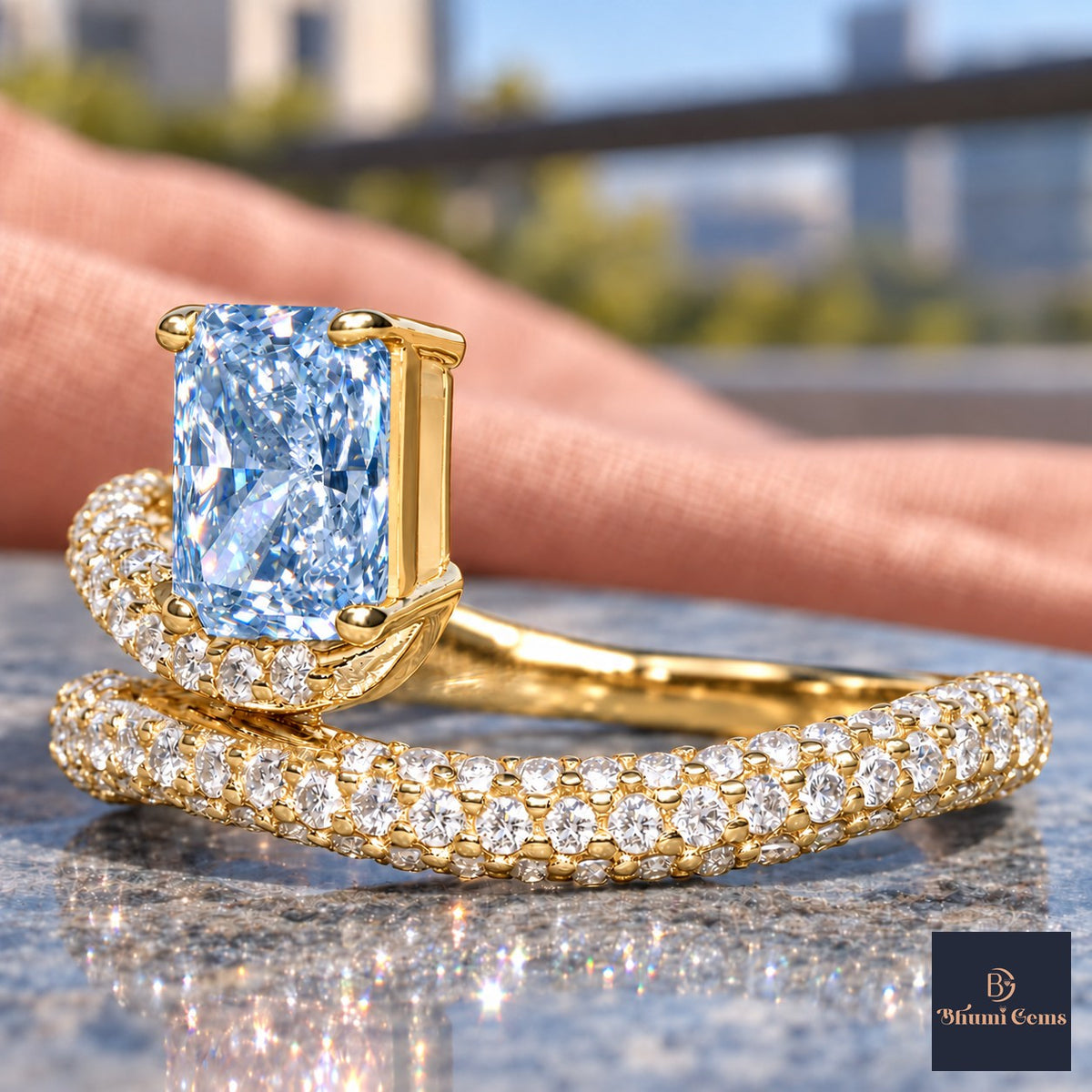 Blue Radiant Cut Lab Grown Diamond Engagement Ring - Pave Wrap Bypass in yellow gold, close-up