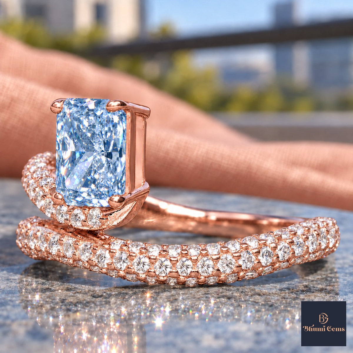 Blue Radiant Cut Lab Grown Diamond Engagement Ring - Pave Wrap Bypass in rose gold, close-up