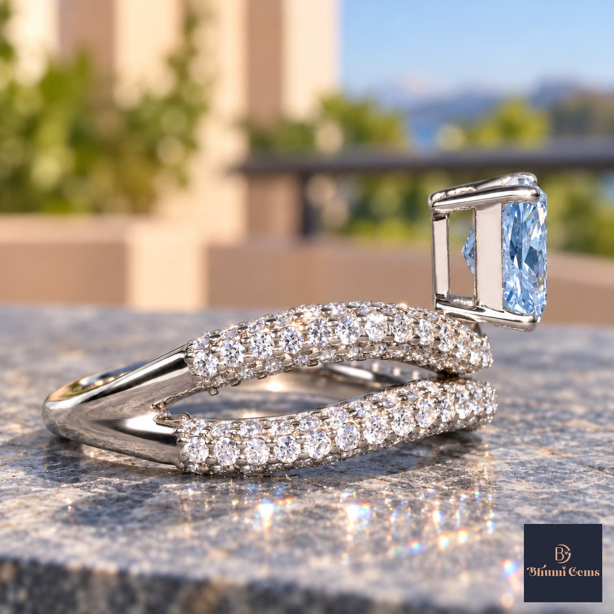 Blue Radiant Cut Lab Grown Diamond Engagement Ring - Pave Wrap Bypass in white gold, side view