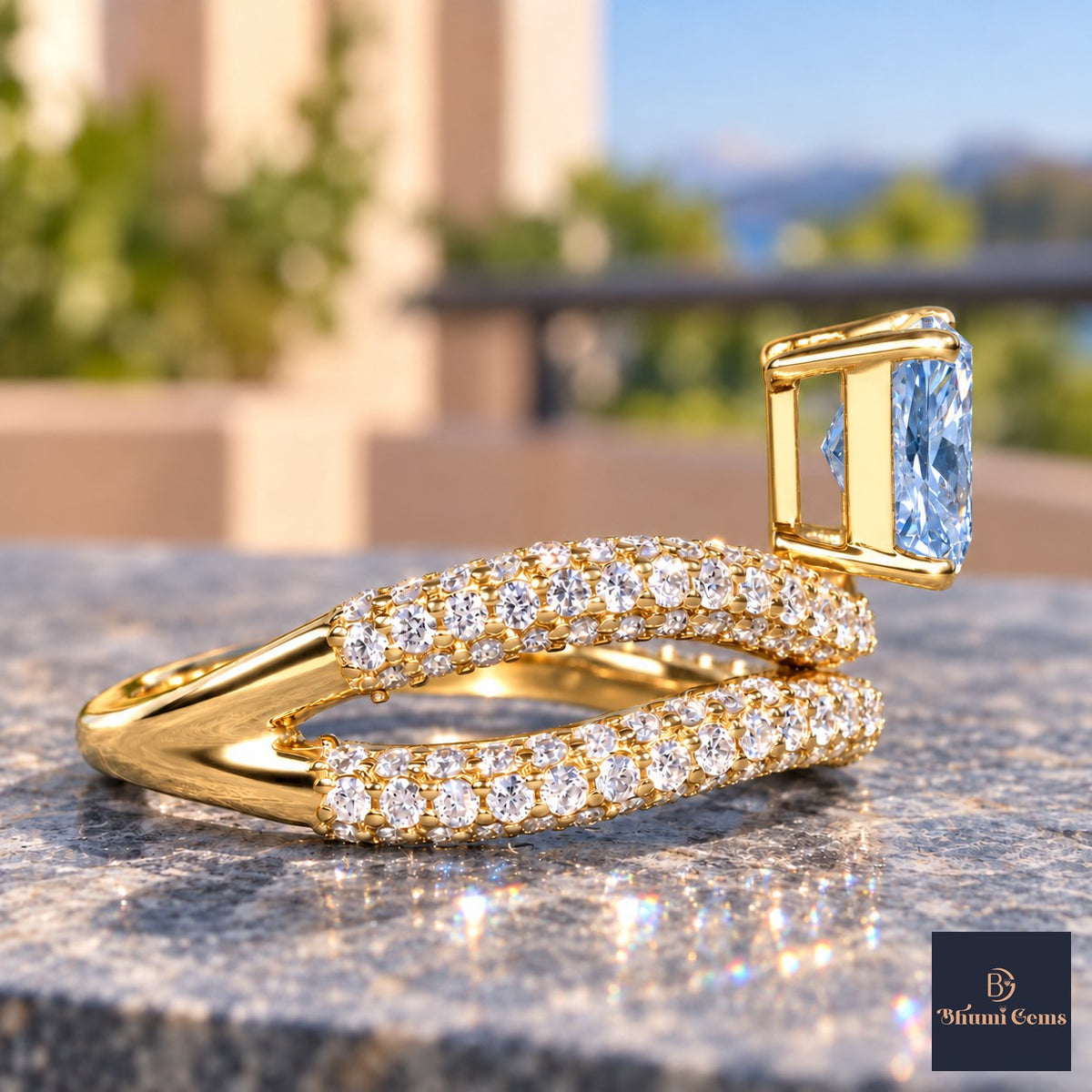Blue Radiant Cut Lab Grown Diamond Engagement Ring - Pave Wrap Bypass in yellow gold, side view