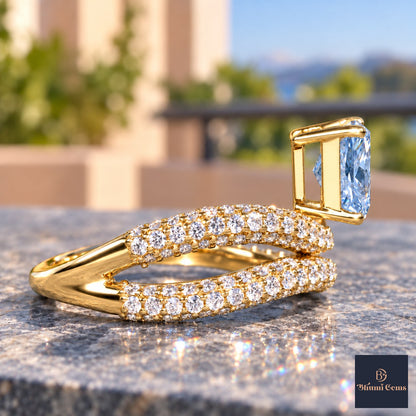 Blue Radiant Cut Lab Grown Diamond Engagement Ring - Pave Wrap Bypass in yellow gold, side view