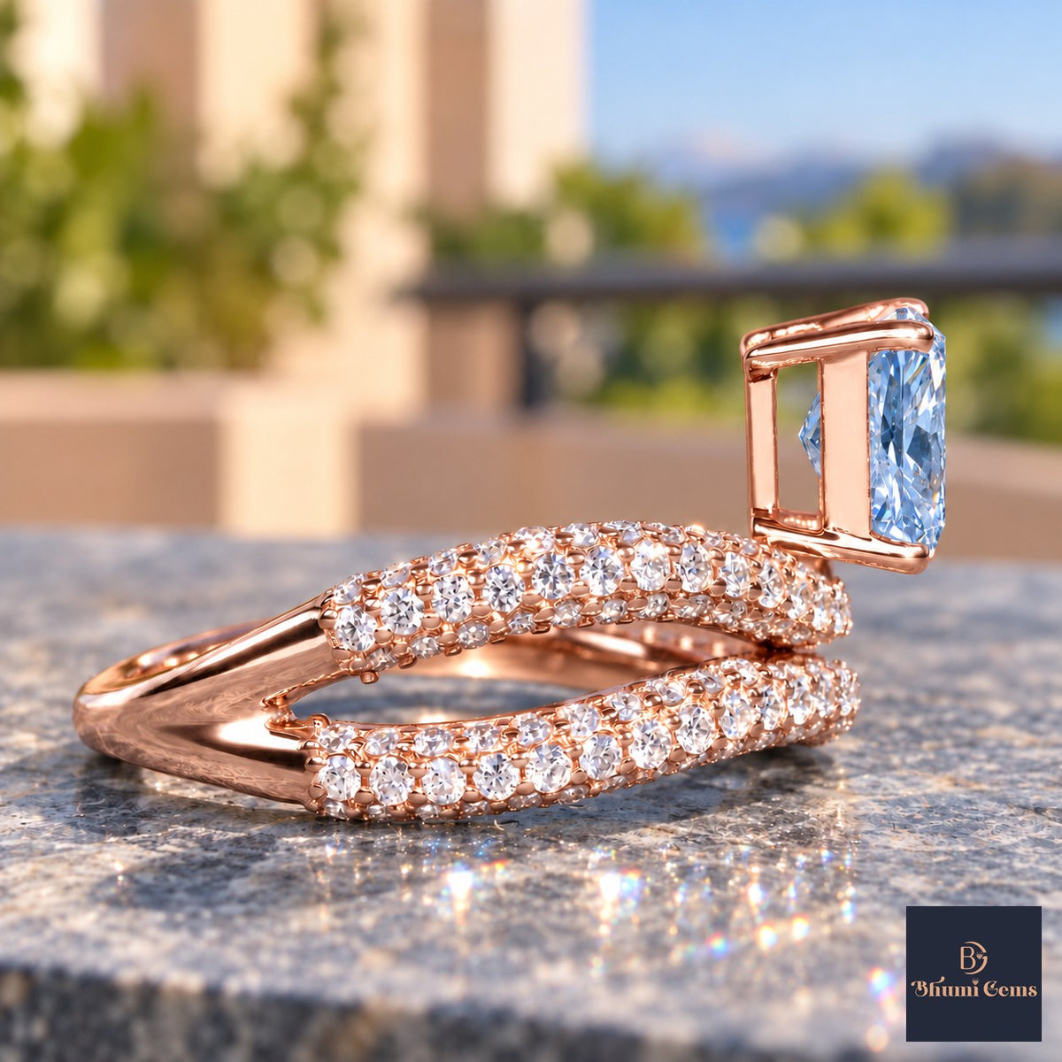 Blue Radiant Cut Lab Grown Diamond Engagement Ring - Pave Wrap Bypass in rose gold, side view