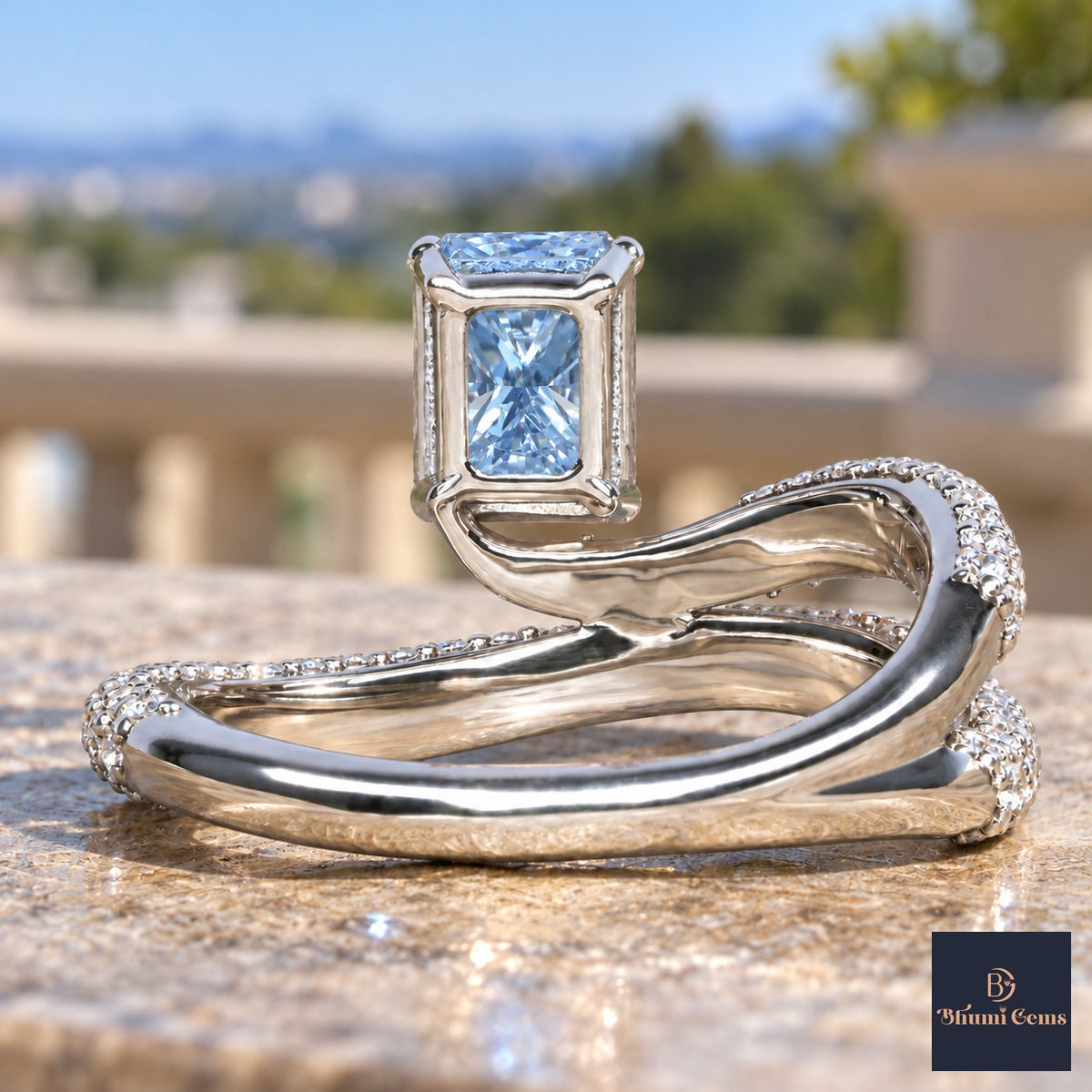 Blue Radiant Cut Lab Grown Diamond Engagement Ring - Pave Wrap Bypass in white gold, gallery view