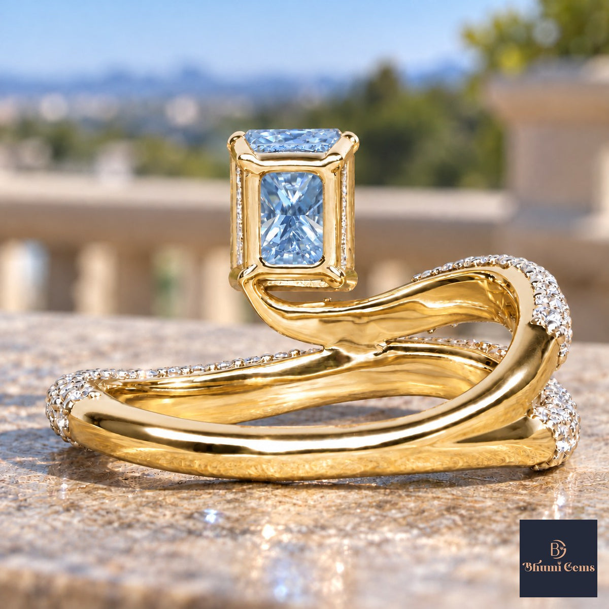 Blue Radiant Cut Lab Grown Diamond Engagement Ring - Pave Wrap Bypass in yellow gold, gallery view