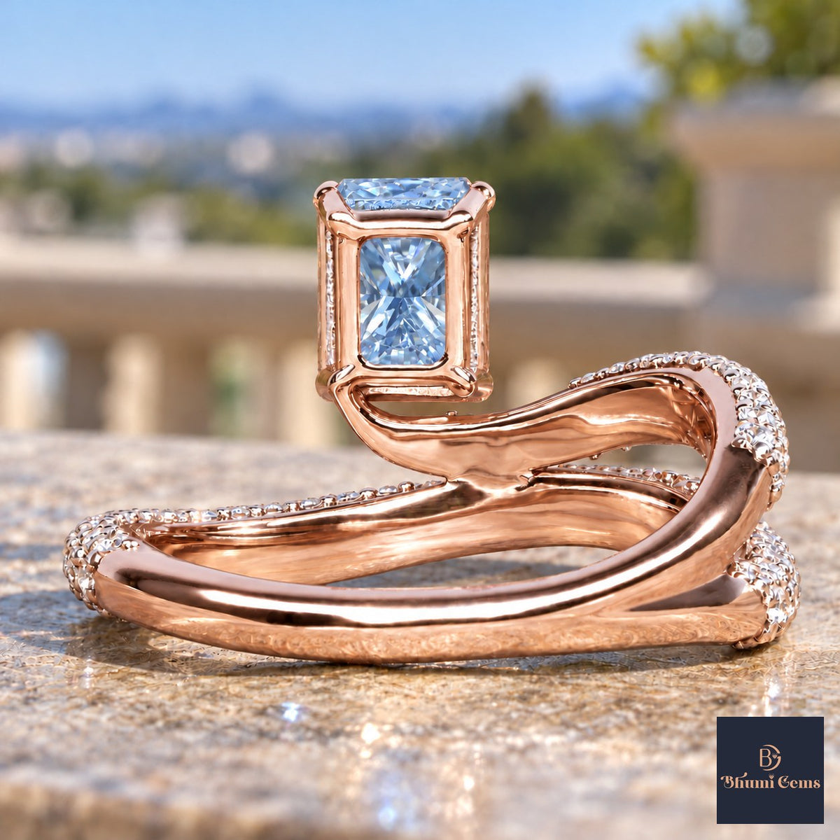 Blue Radiant Cut Lab Grown Diamond Engagement Ring - Pave Wrap Bypass in rose gold, gallery view