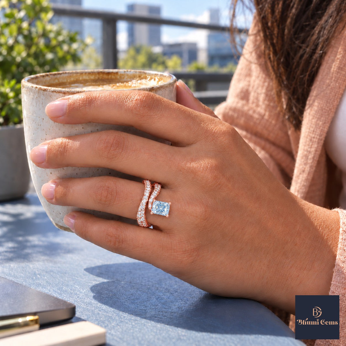 Blue Radiant Cut Lab Grown Diamond Engagement Ring - Pave Wrap Bypass in rose gold, on the hand