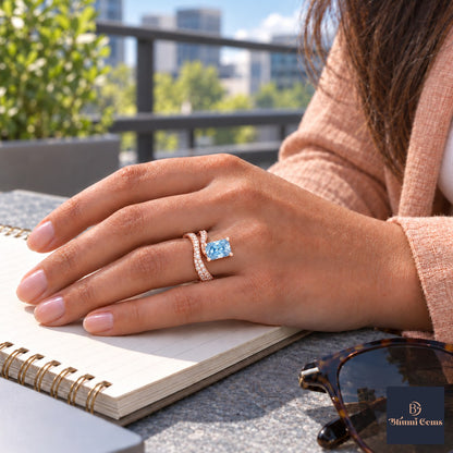 Blue Radiant Cut Lab Grown Diamond Engagement Ring - Pave Wrap Bypass in rose gold, worn on the hand
