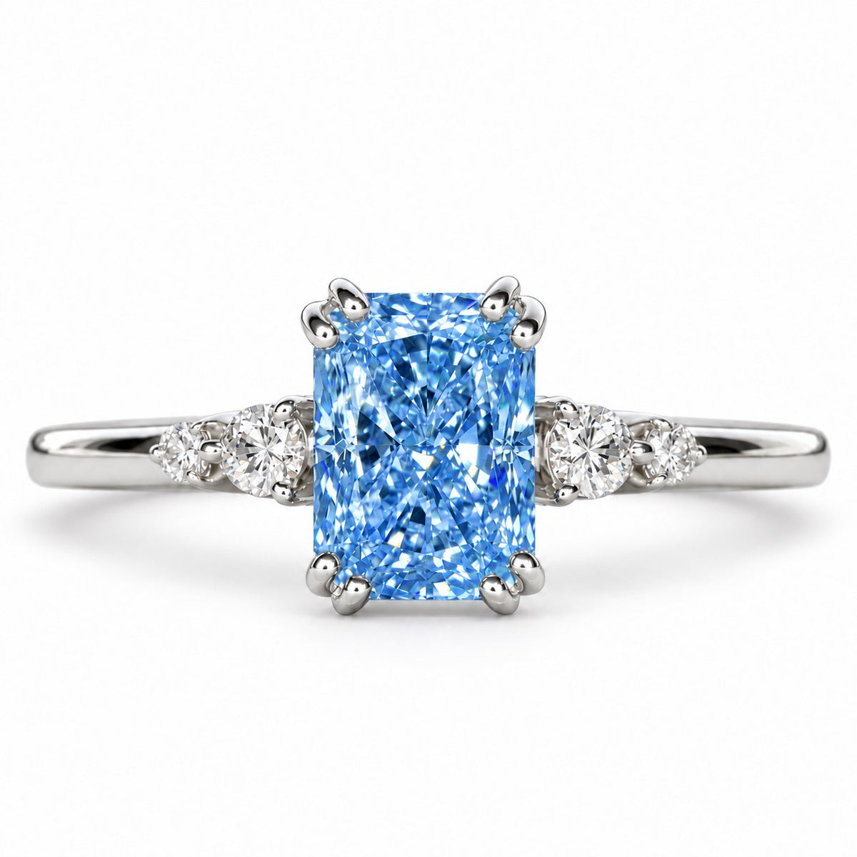 Blue Radiant Cut Lab Grown Diamond Engagement Ring - Round Accents in white gold, front view