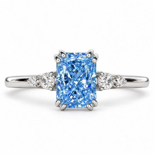 Blue Radiant Cut Lab Grown Diamond Engagement Ring - Round Accents in white gold, front view