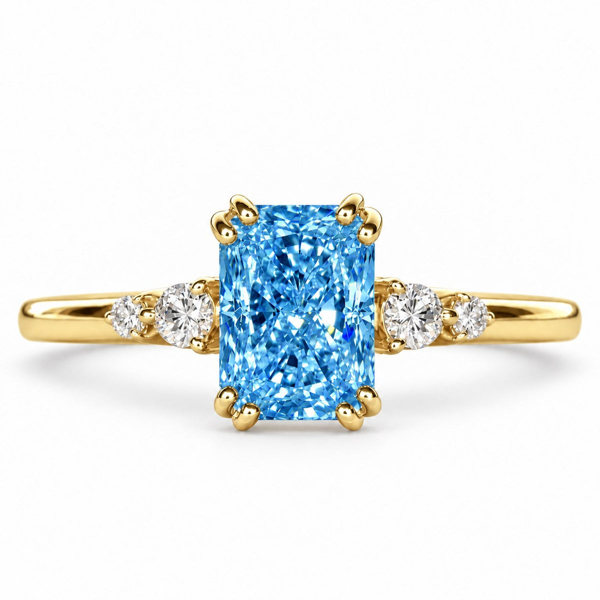 Blue Radiant Cut Lab Grown Diamond Engagement Ring - Round Accents in yellow gold, front view