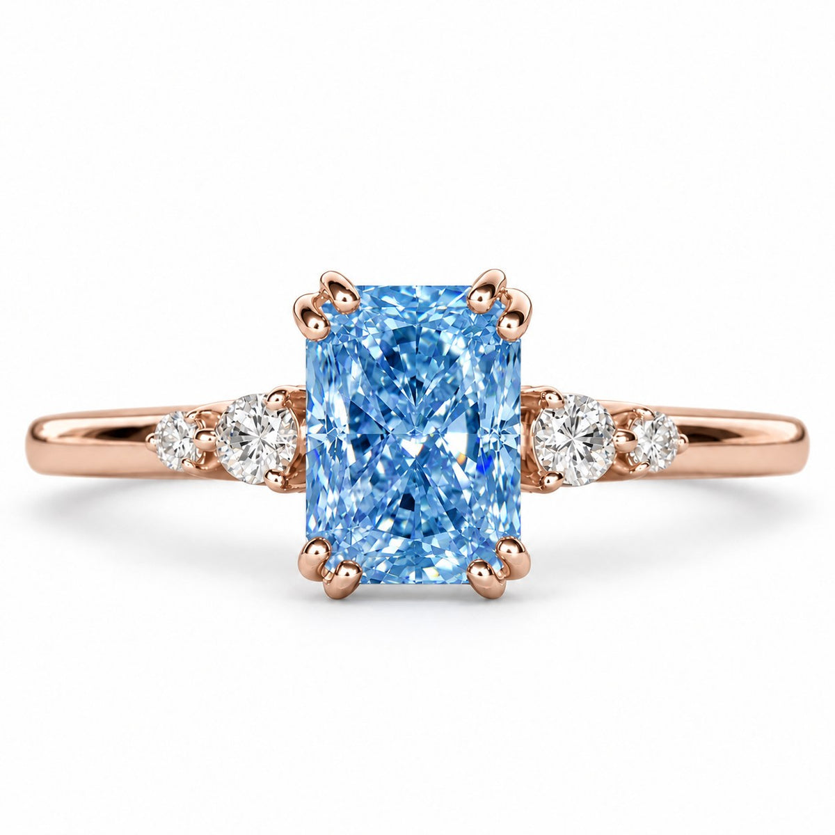 Blue Radiant Cut Lab Grown Diamond Engagement Ring - Round Accents in rose gold, front view
