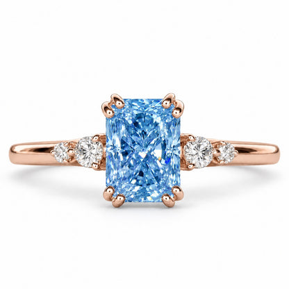 Blue Radiant Cut Lab Grown Diamond Engagement Ring - Round Accents in rose gold, front view