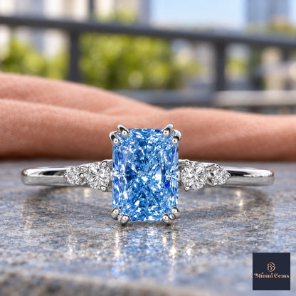 Blue Radiant Cut Lab Grown Diamond Engagement Ring - Round Accents in white gold, close-up