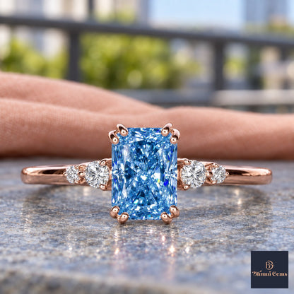 Blue Radiant Cut Lab Grown Diamond Engagement Ring - Round Accents in rose gold, close-up