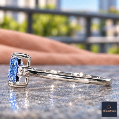 Blue Radiant Cut Lab Grown Diamond Engagement Ring - Round Accents in white gold, side view