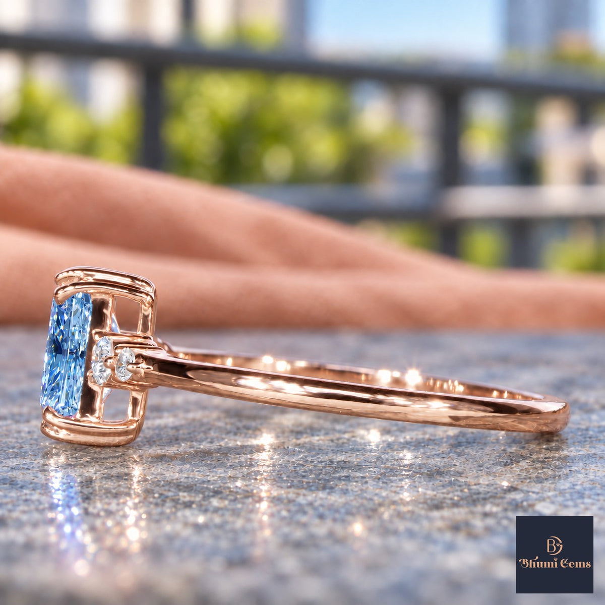 Blue Radiant Cut Lab Grown Diamond Engagement Ring - Round Accents in rose gold, side view