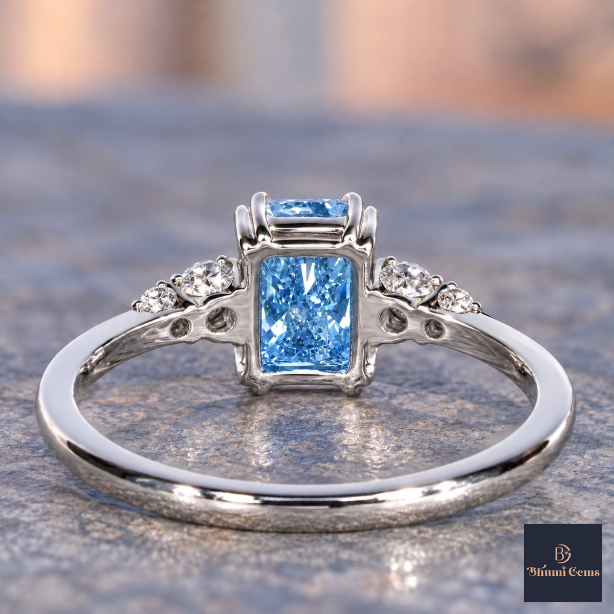 Blue Radiant Cut Lab Grown Diamond Engagement Ring - Round Accents in white gold, gallery view