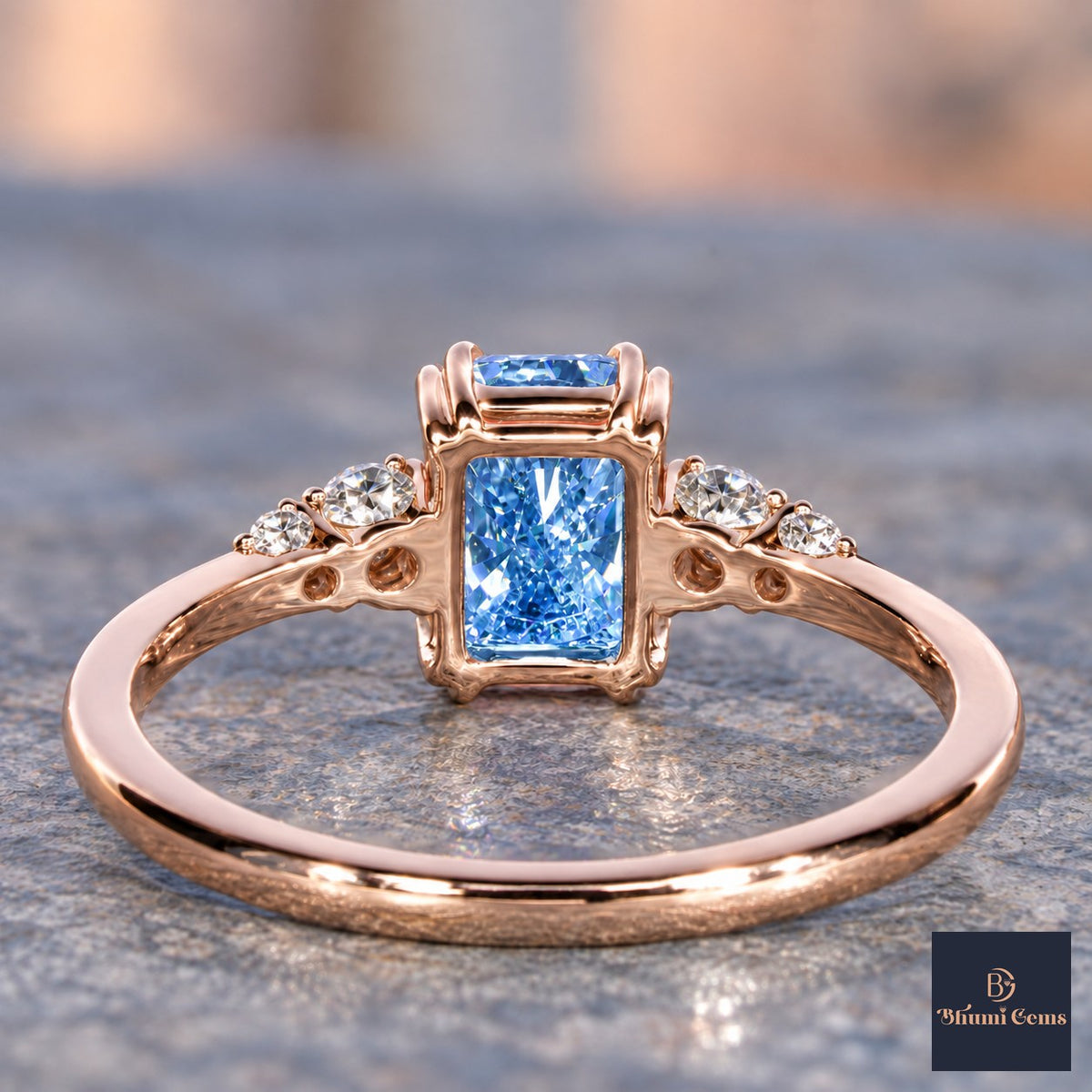 Blue Radiant Cut Lab Grown Diamond Engagement Ring - Round Accents in rose gold, gallery view