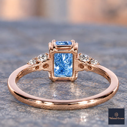 Blue Radiant Cut Lab Grown Diamond Engagement Ring - Round Accents in rose gold, gallery view