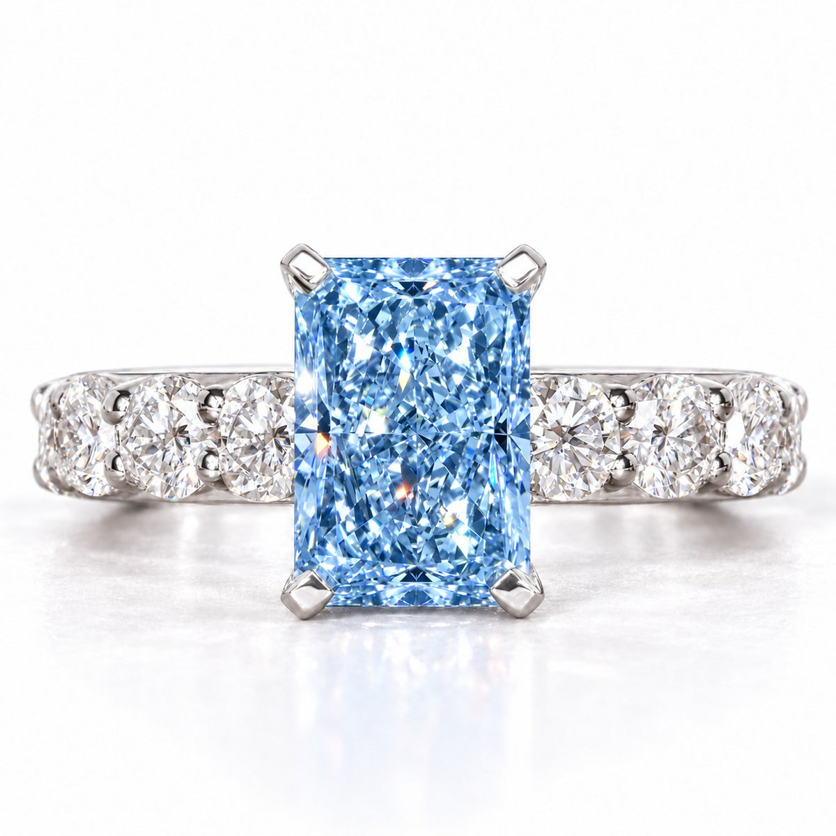 Blue Radiant Cut Lab Grown Diamond Engagement Ring - Shared Prong Band in white gold, front view