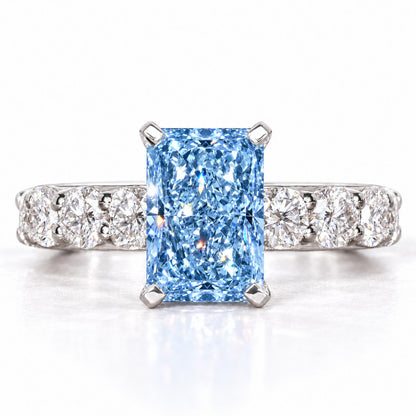 Blue Radiant Cut Lab Grown Diamond Engagement Ring - Shared Prong Band in white gold, front view
