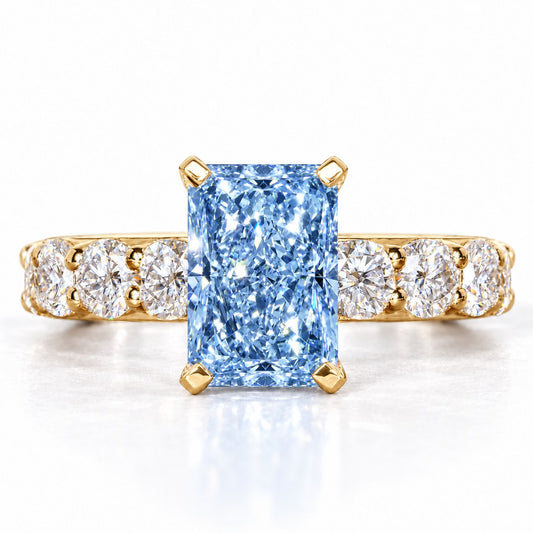 Blue Radiant Cut Lab Grown Diamond Engagement Ring - Shared Prong Band in yellow gold, front view