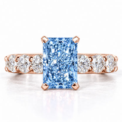 Blue Radiant Cut Lab Grown Diamond Engagement Ring - Shared Prong Band in rose gold, front view