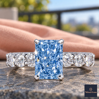 Blue Radiant Cut Lab Grown Diamond Engagement Ring - Shared Prong Band in white gold, close-up