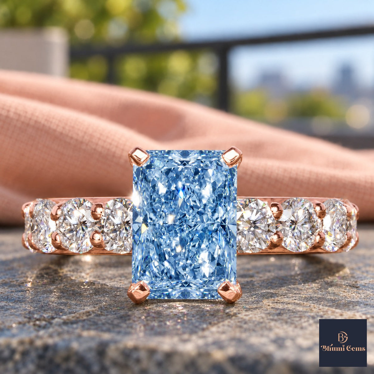 Blue Radiant Cut Lab Grown Diamond Engagement Ring - Shared Prong Band in rose gold, close-up