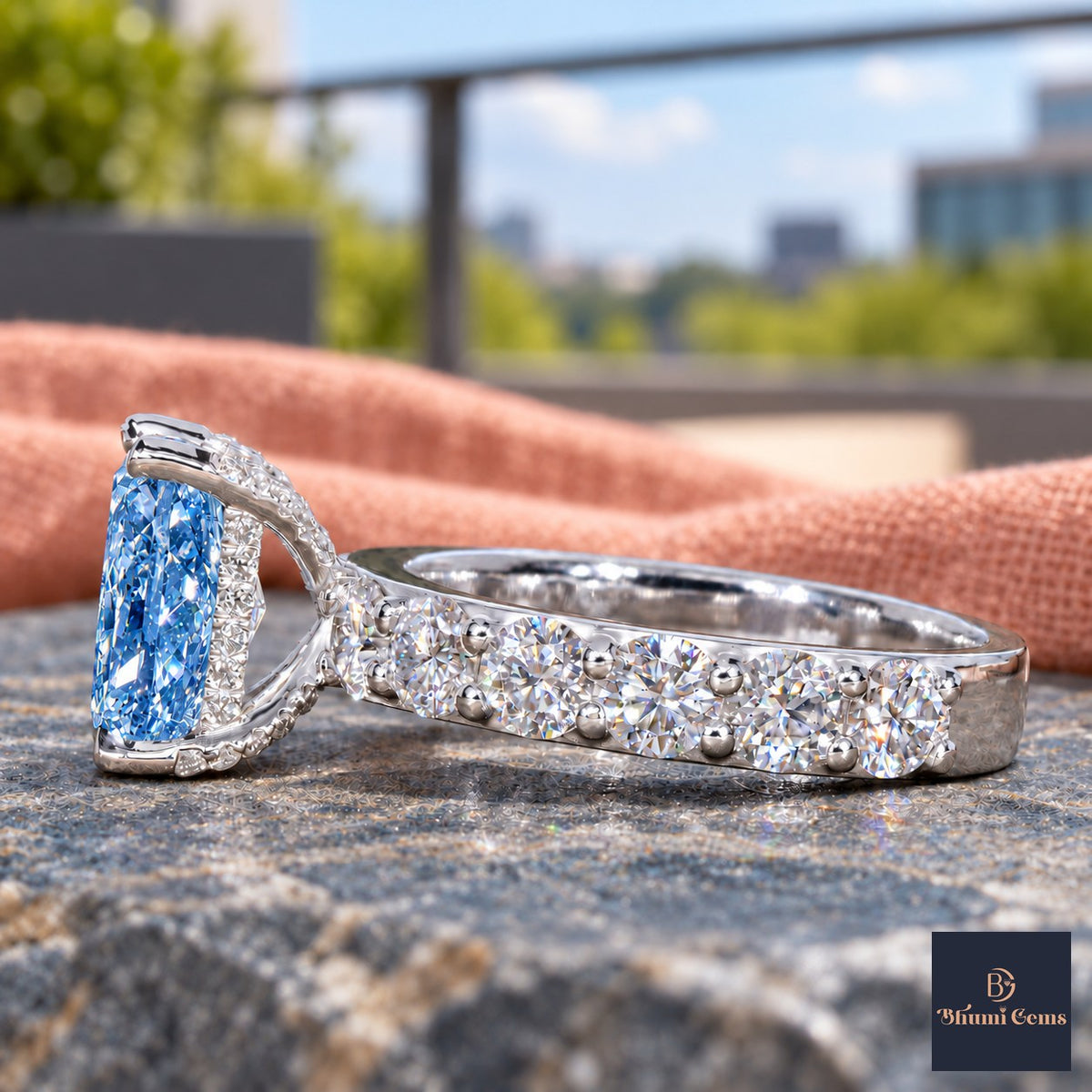 Blue Radiant Cut Lab Grown Diamond Engagement Ring - Shared Prong Band in white gold, side view