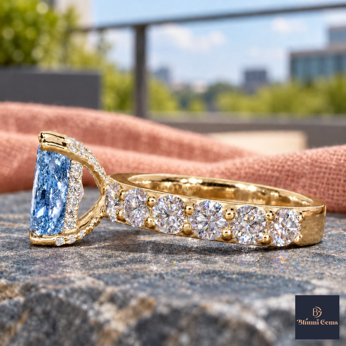 Blue Radiant Cut Lab Grown Diamond Engagement Ring - Shared Prong Band in yellow gold, side view