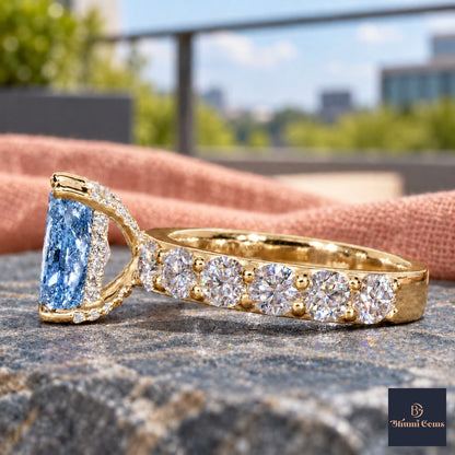 Blue Radiant Cut Lab Grown Diamond Engagement Ring - Shared Prong Band in yellow gold, side view