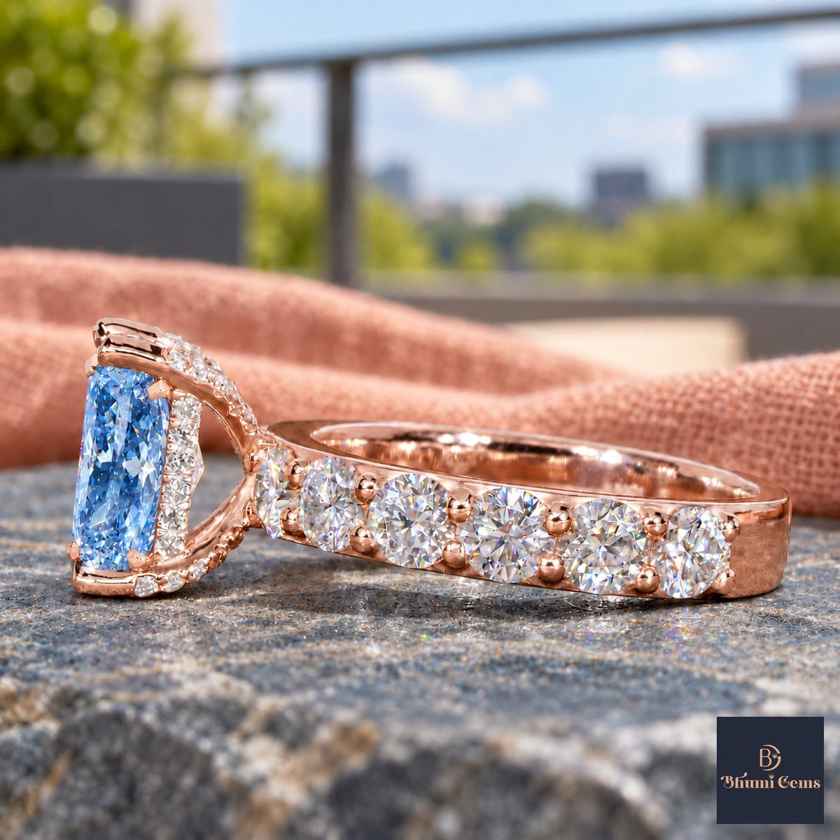 Blue Radiant Cut Lab Grown Diamond Engagement Ring - Shared Prong Band in rose gold, side view