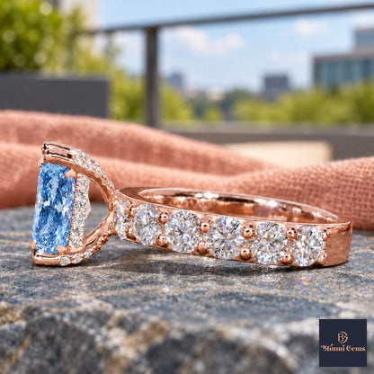 Blue Radiant Cut Lab Grown Diamond Engagement Ring - Shared Prong Band in rose gold, side view