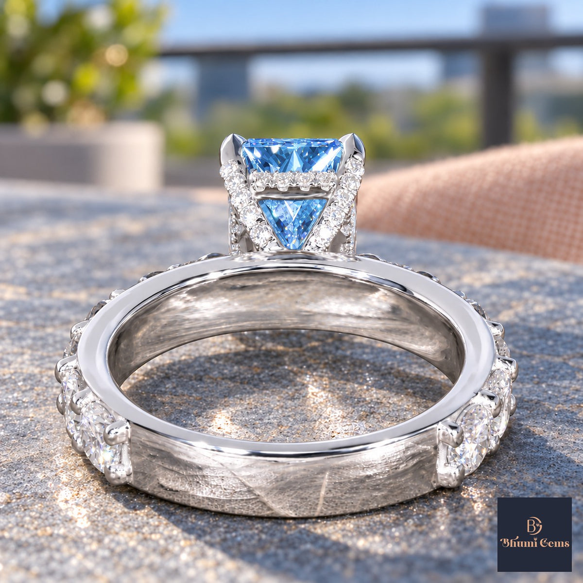 Blue Radiant Cut Lab Grown Diamond Engagement Ring - Shared Prong Band in white gold, gallery view