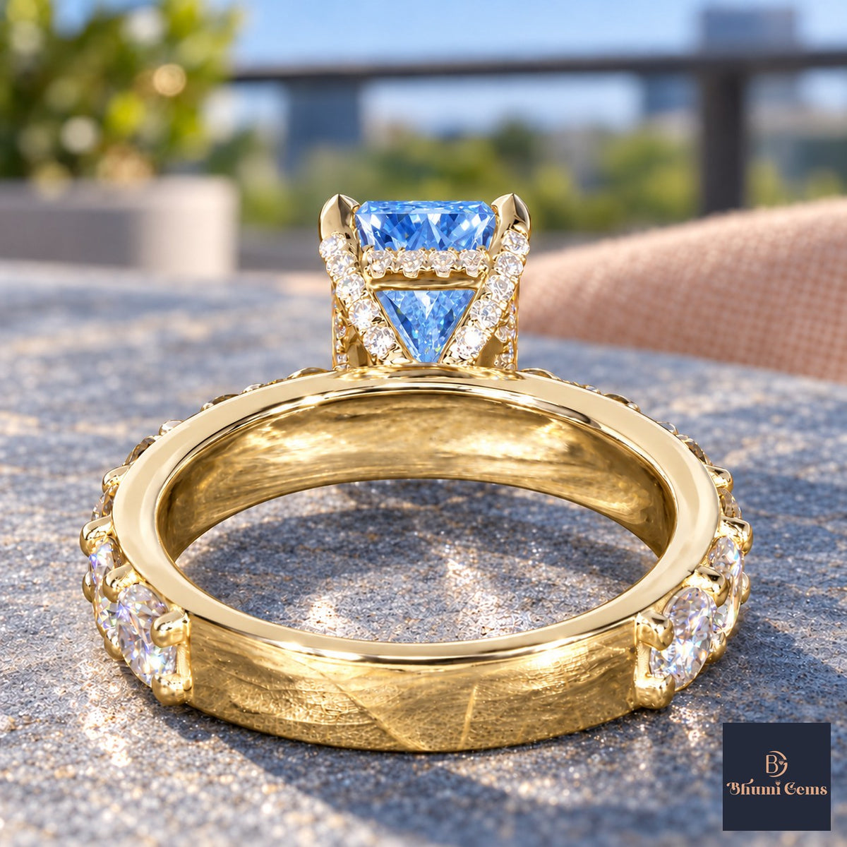 Blue Radiant Cut Lab Grown Diamond Engagement Ring - Shared Prong Band in yellow gold, gallery view