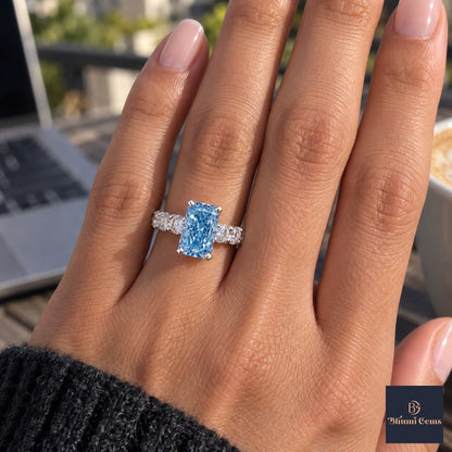 Blue Radiant Cut Lab Grown Diamond Engagement Ring - Shared Prong Band in white gold, on the hand