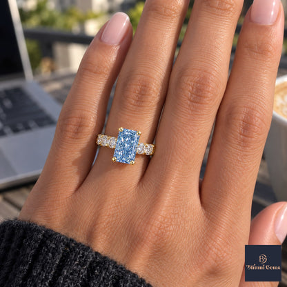 Blue Radiant Cut Lab Grown Diamond Engagement Ring - Shared Prong Band in yellow gold, on the hand
