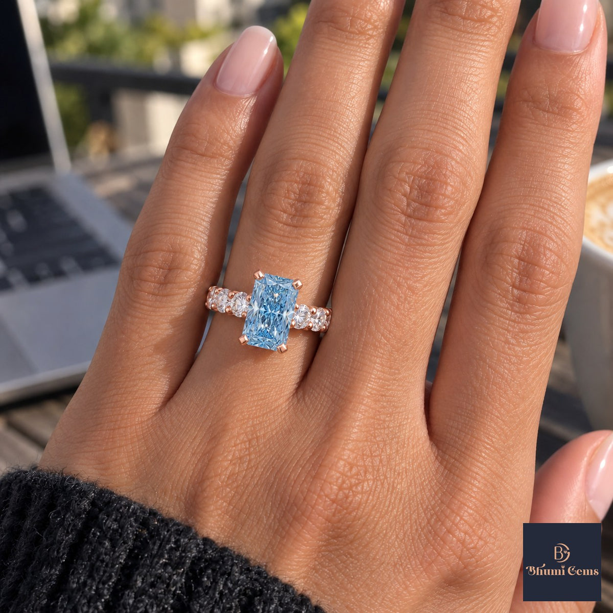 Blue Radiant Cut Lab Grown Diamond Engagement Ring - Shared Prong Band in rose gold, on the hand