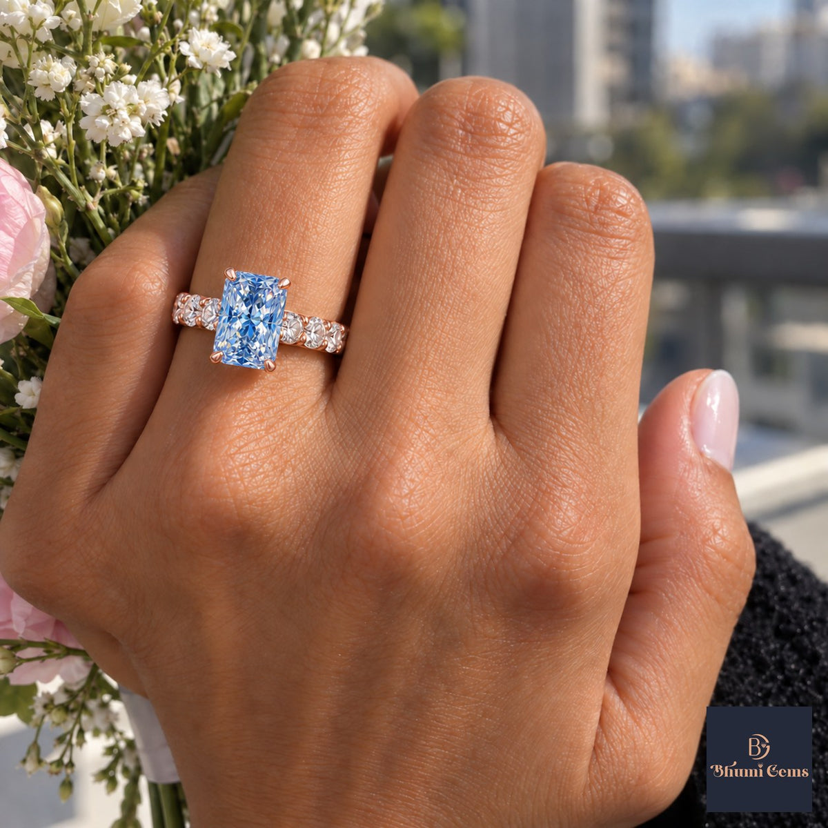 Blue Radiant Cut Lab Grown Diamond Engagement Ring - Shared Prong Band in rose gold, worn on the hand