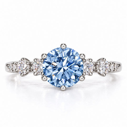 Blue Round Cut Lab Grown Diamond Engagement Ring - Cluster Shoulders in white gold, front view