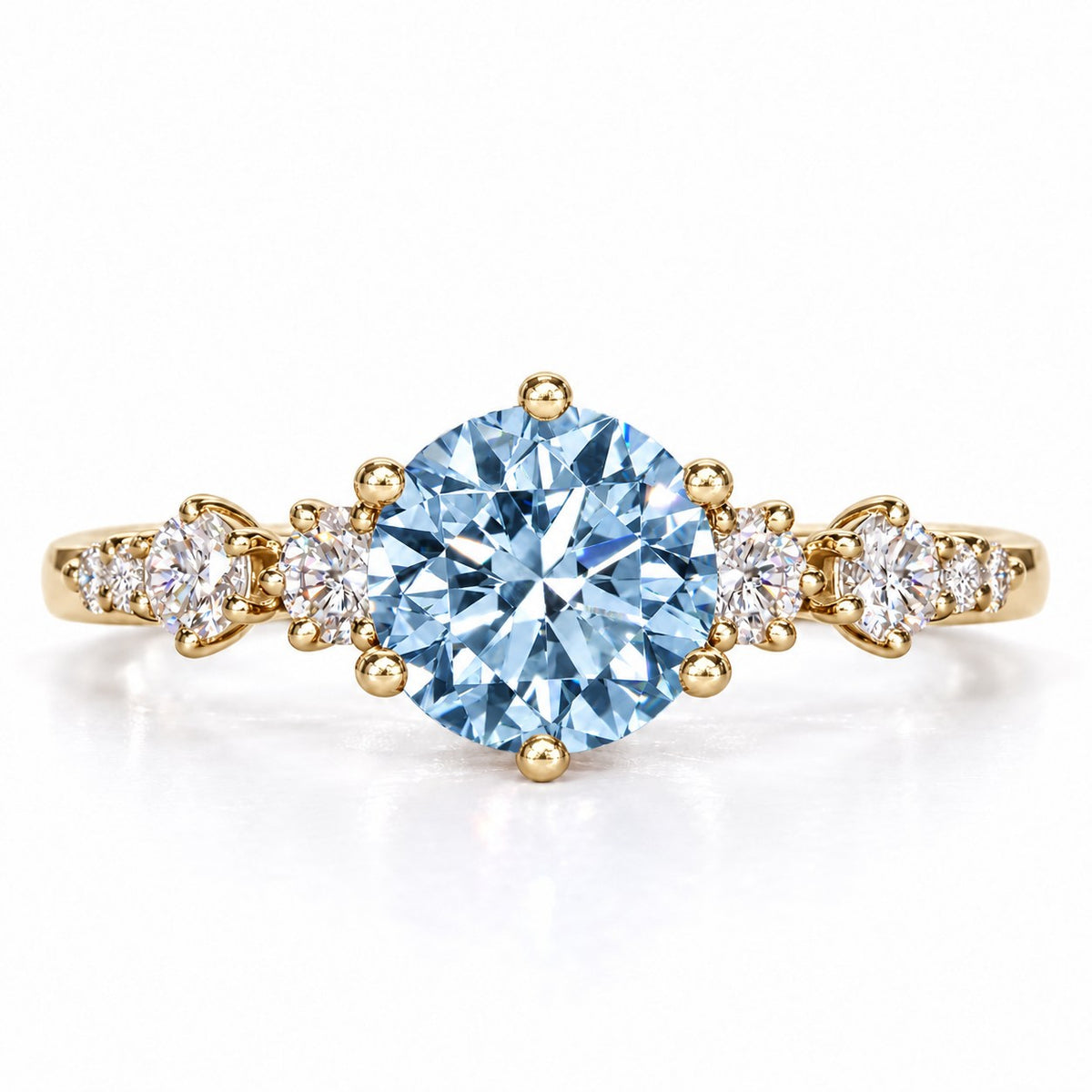 Blue Round Cut Lab Grown Diamond Engagement Ring - Cluster Shoulders in yellow gold, front view