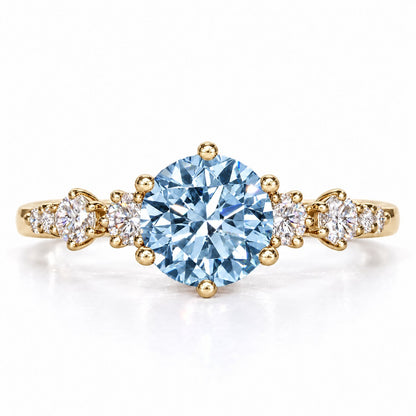 Blue Round Cut Lab Grown Diamond Engagement Ring - Cluster Shoulders in yellow gold, front view