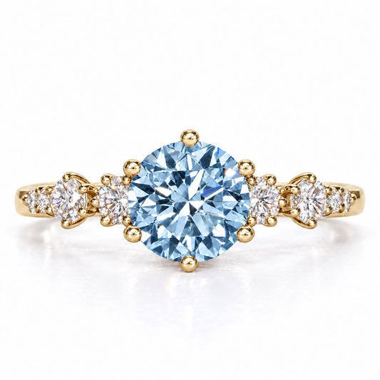Blue Round Cut Lab Grown Diamond Engagement Ring - Cluster Shoulders in yellow gold, front view