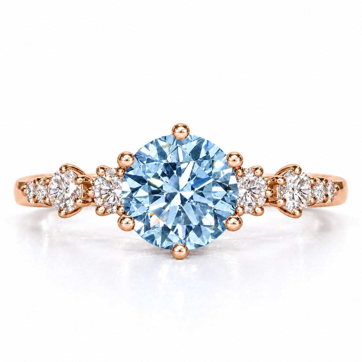 Blue Round Cut Lab Grown Diamond Engagement Ring - Cluster Shoulders in rose gold, front view