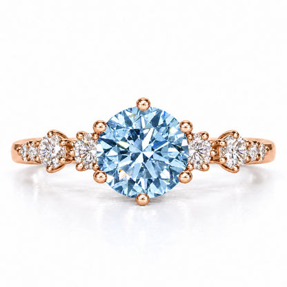 Blue Round Cut Lab Grown Diamond Engagement Ring - Cluster Shoulders in rose gold, front view