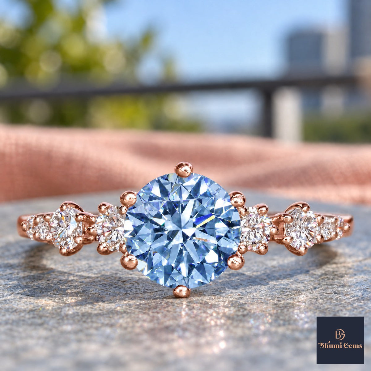 Blue Round Cut Lab Grown Diamond Engagement Ring - Cluster Shoulders in rose gold, close-up