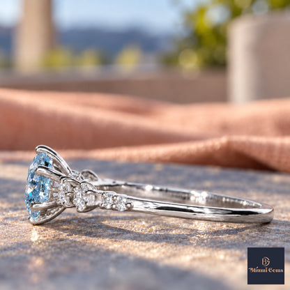 Blue Round Cut Lab Grown Diamond Engagement Ring - Cluster Shoulders in white gold, side view